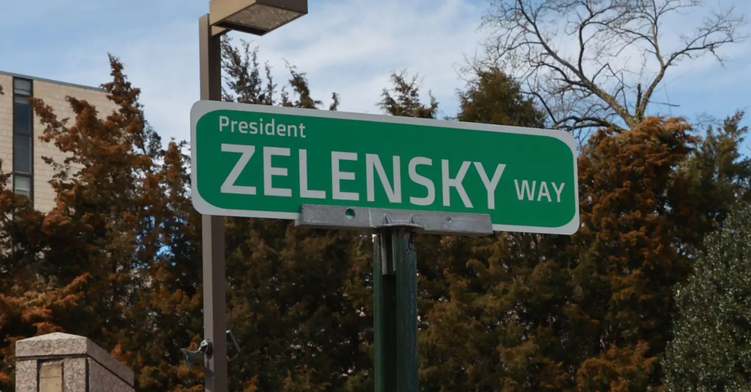 ‘President Zelensky Way’ road sign erected outside Russian embassy in Washington DC
