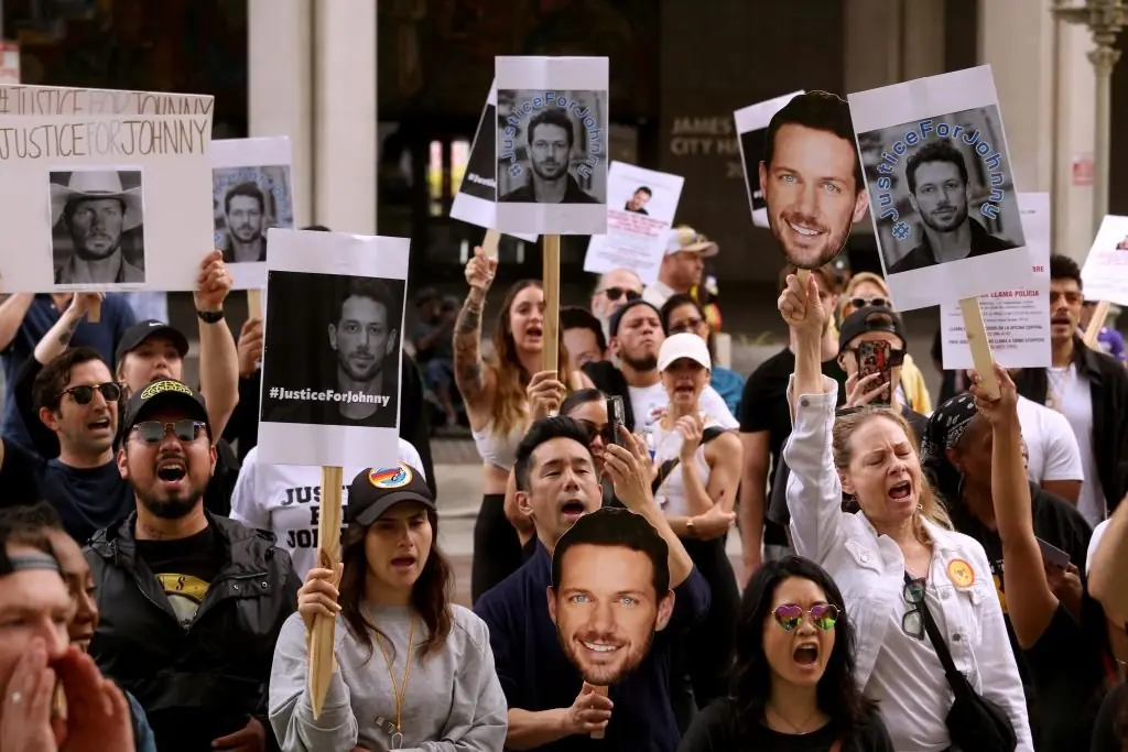 People calling for the justice of Wactor in front of City Hall. Credit: Genaro Molina/Los Angeles Times/Getty