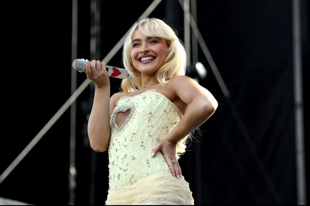 Carpenter and Ortega shared a kiss in the music video and fans are going wild over it online. Credit: Marleen Moise/Getty 