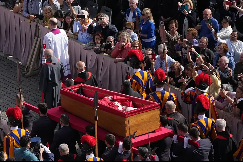 Pope Francis's coffin arrives in St Peter's Basilica for public mourning. Credit:	Christopher Furlong / Getty: 
