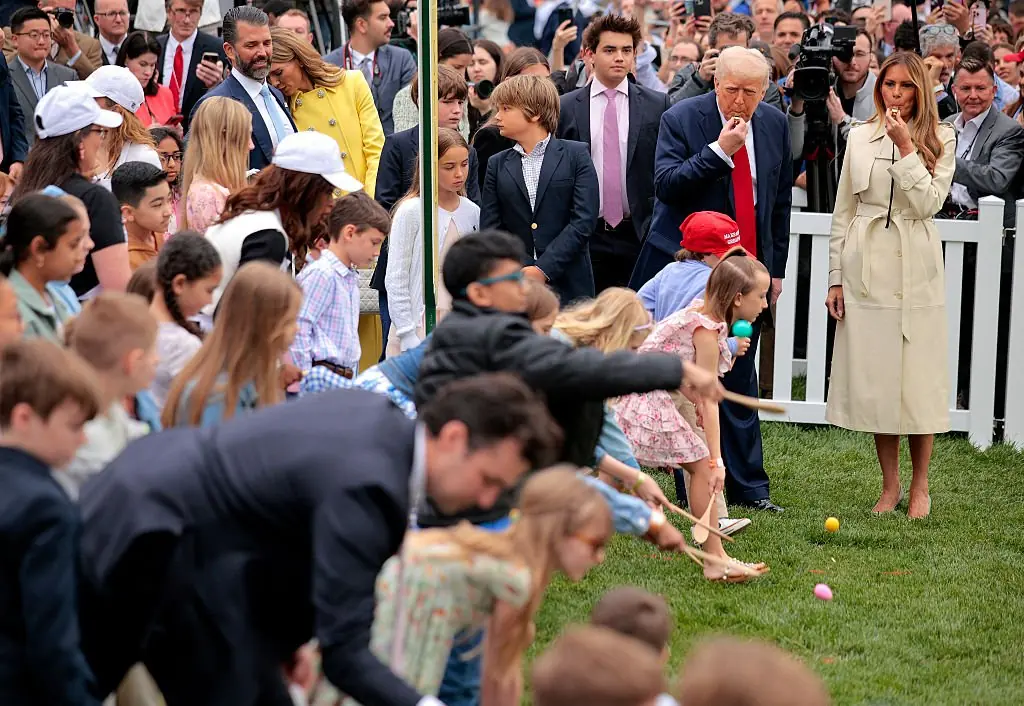 President Trump and First Lady Melania blow whistles to kick-off a race during the White House Easter Egg Roll. Credit: Chip Somodevilla/Getty Images