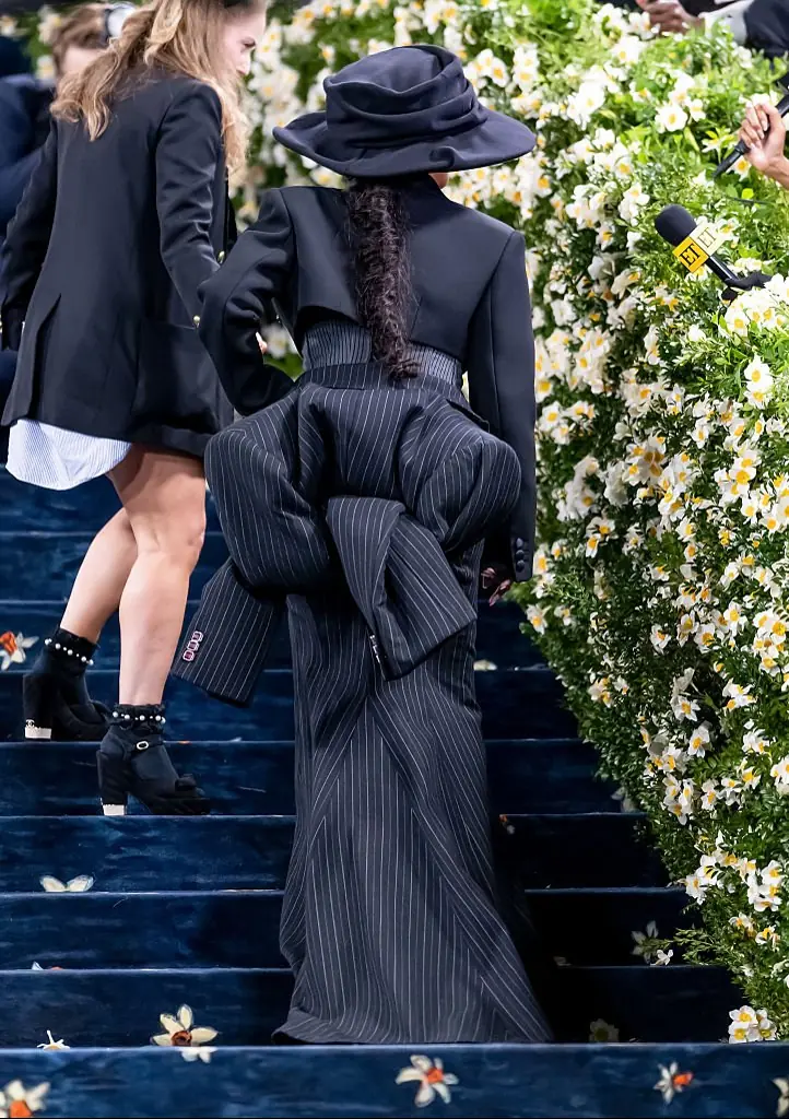 Rihanna's look was made of a repurposed blazer with the arms folded into a bustle. Credit: Gilbert Carrasquillo/GC Images/Getty Images