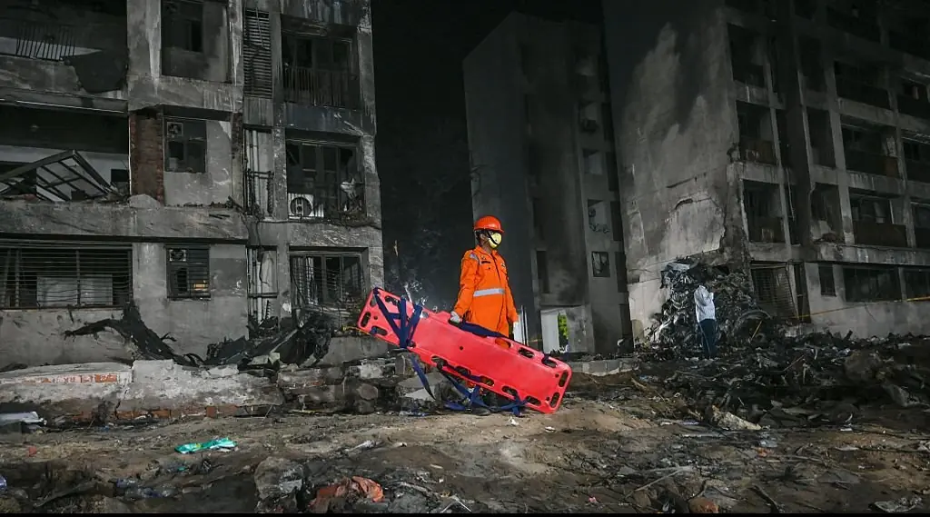 The plane crashed on a resident doctors' hostel in Ahmedabad, which suffered major damage in the accident.Credit: Hindustan Times / Getty