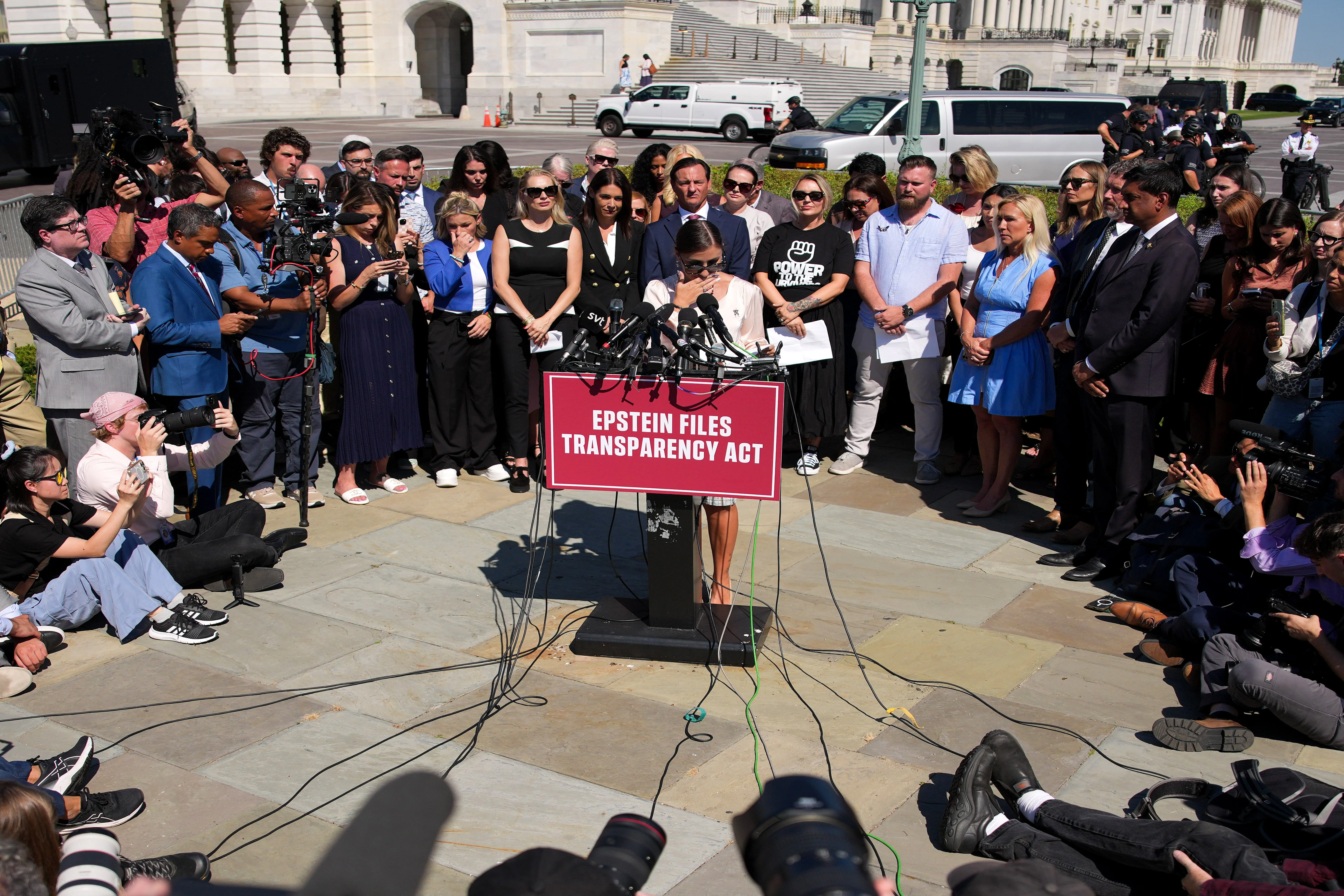 Davis took to the microphone where she answered questions. Credit: Andrew Harnik/Getty Images