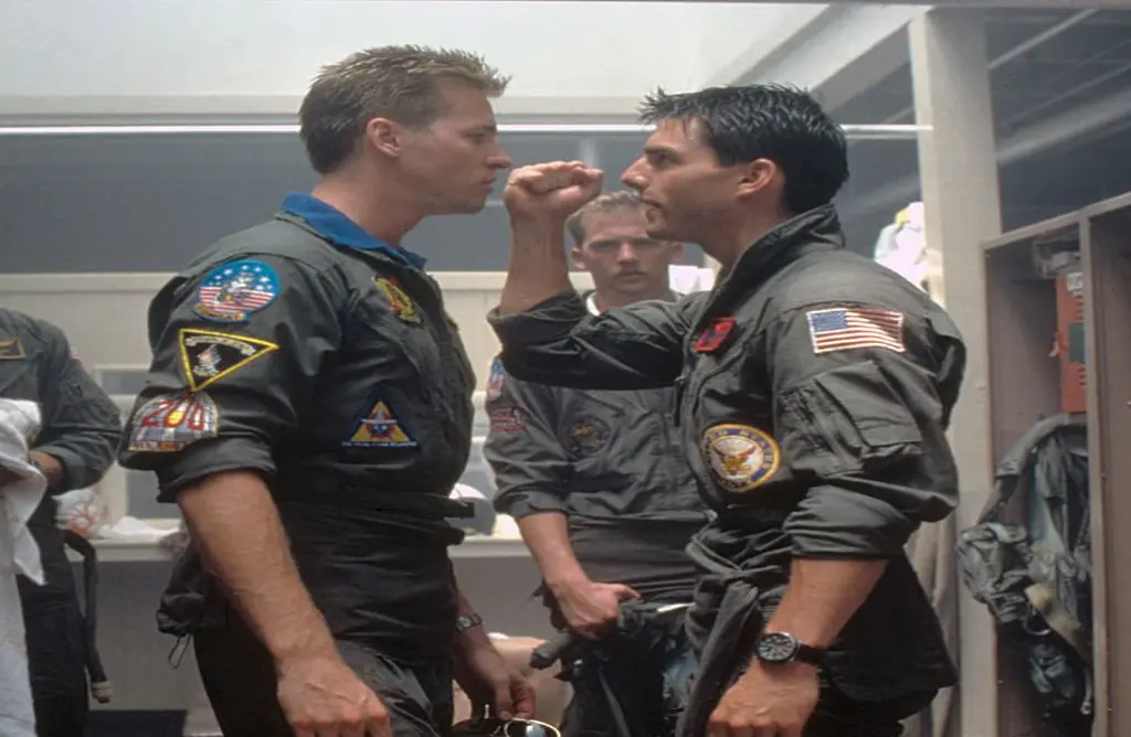 Kilmer and Cruise on the set of Top Gun. Credit: Paramount Pictures/Sunset Boulevard/Corbis via Getty Images