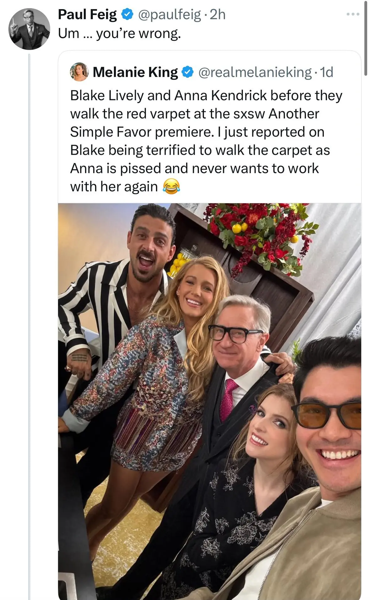 Paul Feig is shutting down rumors that Blake Lively and Anna Kendrick were uncomfortable while promoting Another Simple Favor. Credit: paulfeig/X 