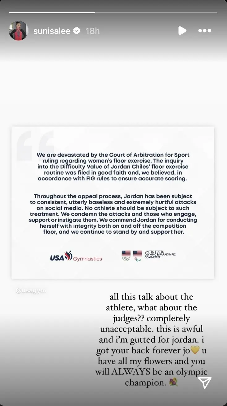 Sunisa Lee also shared a supportive message for Chiles. Credit: Sunisa Lee/Instagram