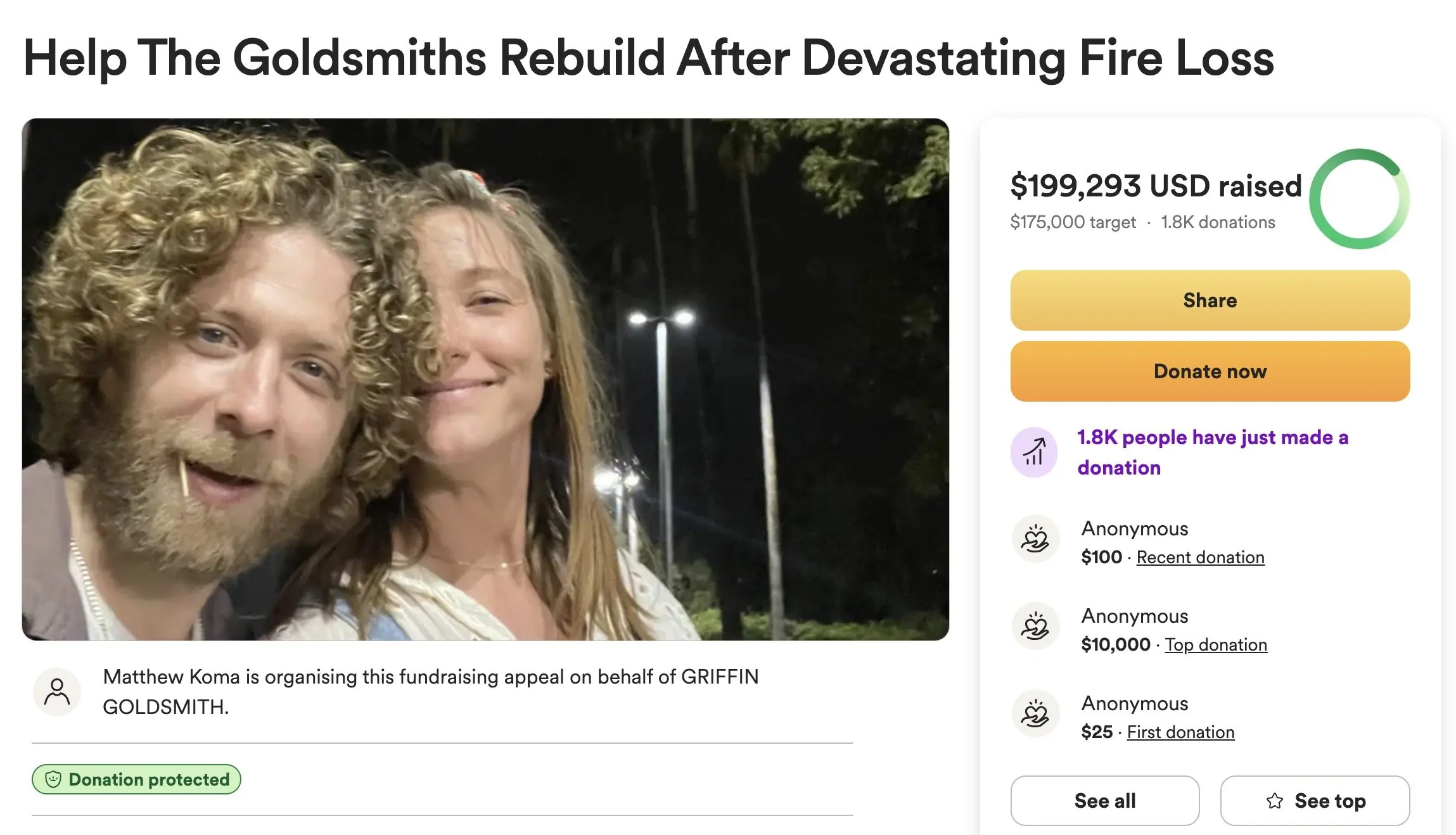 The GoFundMe has exceeded the $175,000 target. Credit: GoFundMe (Screenshot)