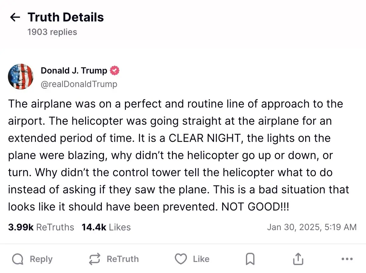 President Trump responds to the tragedy. Credit: Truth Social
