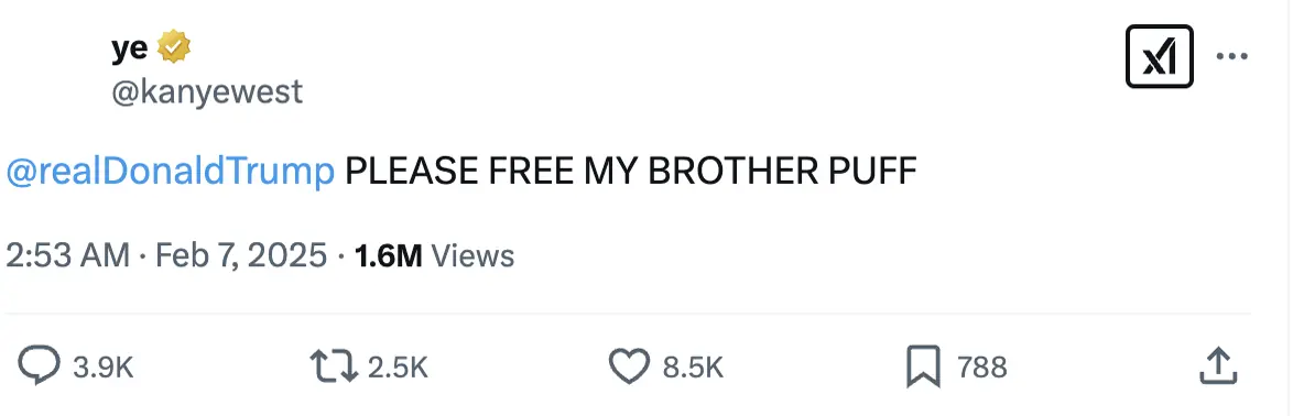 Kanye West has voiced his support for Diddy in a new tweet. Credit: Kanye West / X 