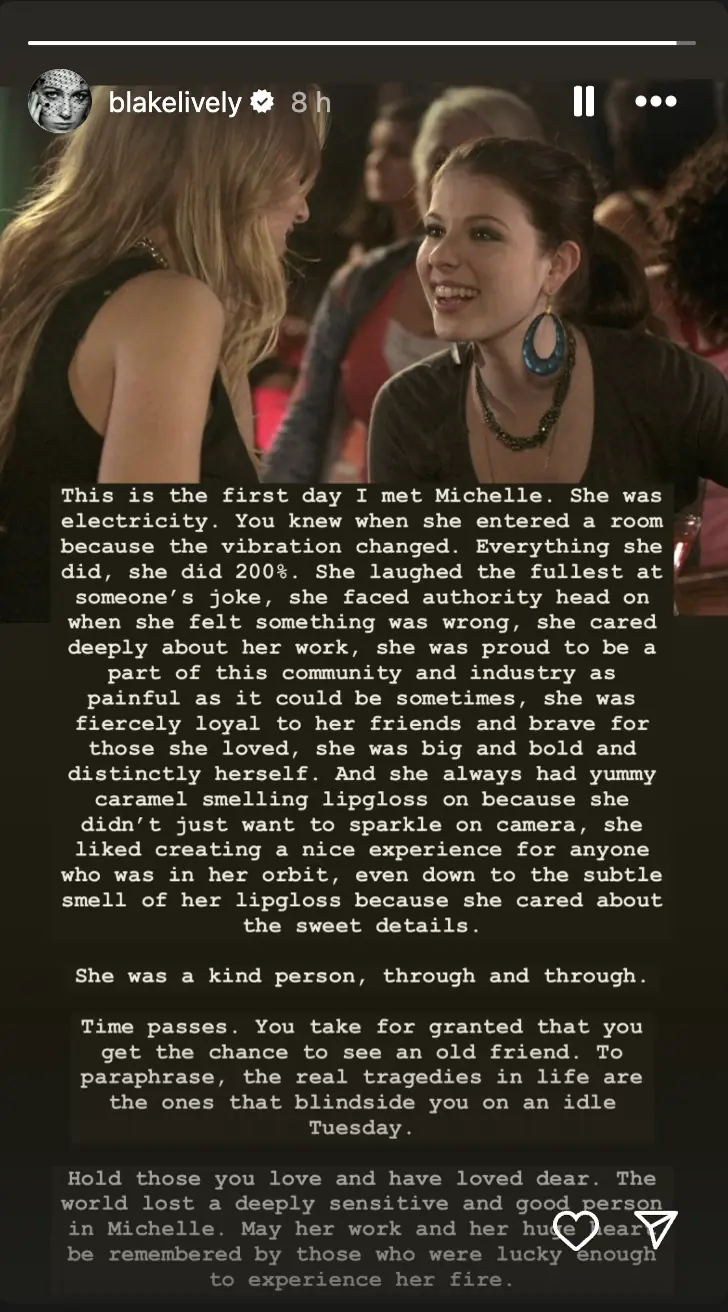 Blake Lively shared a moving tribute to her Gossip Girl co-star on her Instagram Story, Credit: Instagram/blakelively