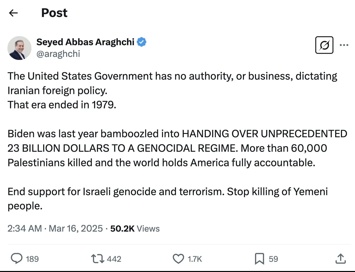 Araghchi responds to the strikes on X. Credit: X