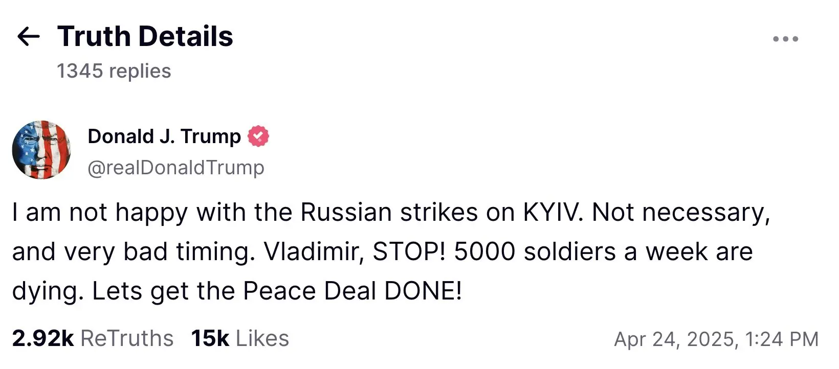 Trump slammed Putin for the strikes. Credit: Truth Social