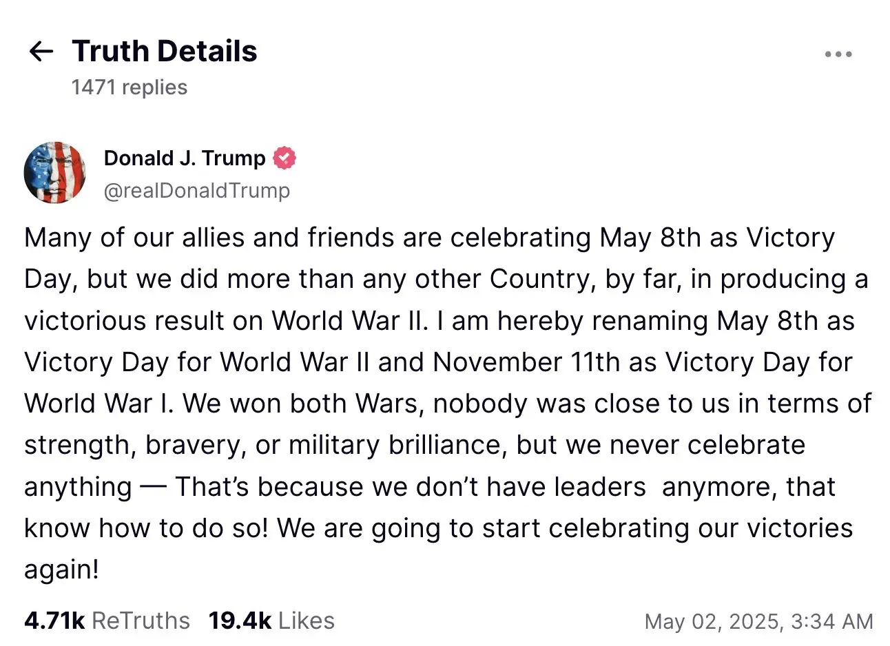 Trump says he wanted to rename May 8 and November 11 as 