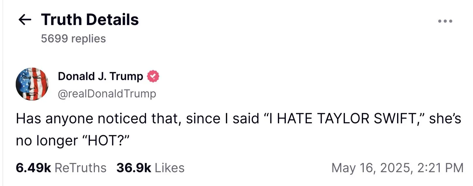 Trump took yet another shot at Swift. Credit: Truth Social