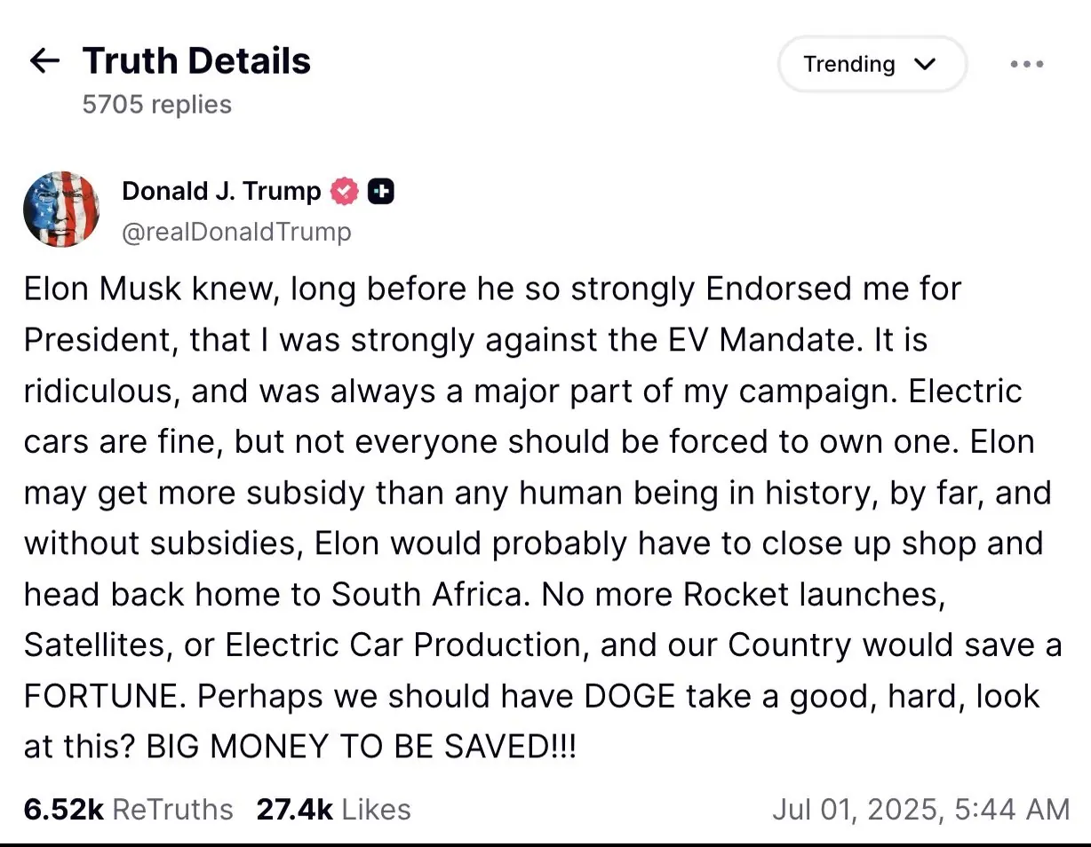 Trump also took aim at Musk on Truth Social. Credit: Truth Social