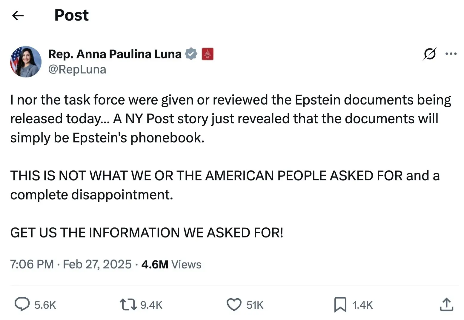  Rep. Anna Paulina Luna blasted the recent findings. Credit: X