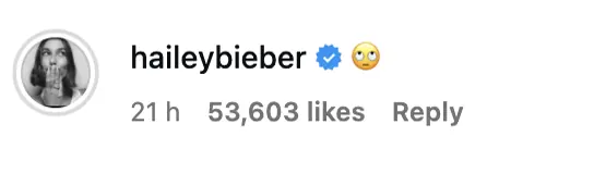 Hailey Bieber's comment under her husband's post. Credit: Instagram