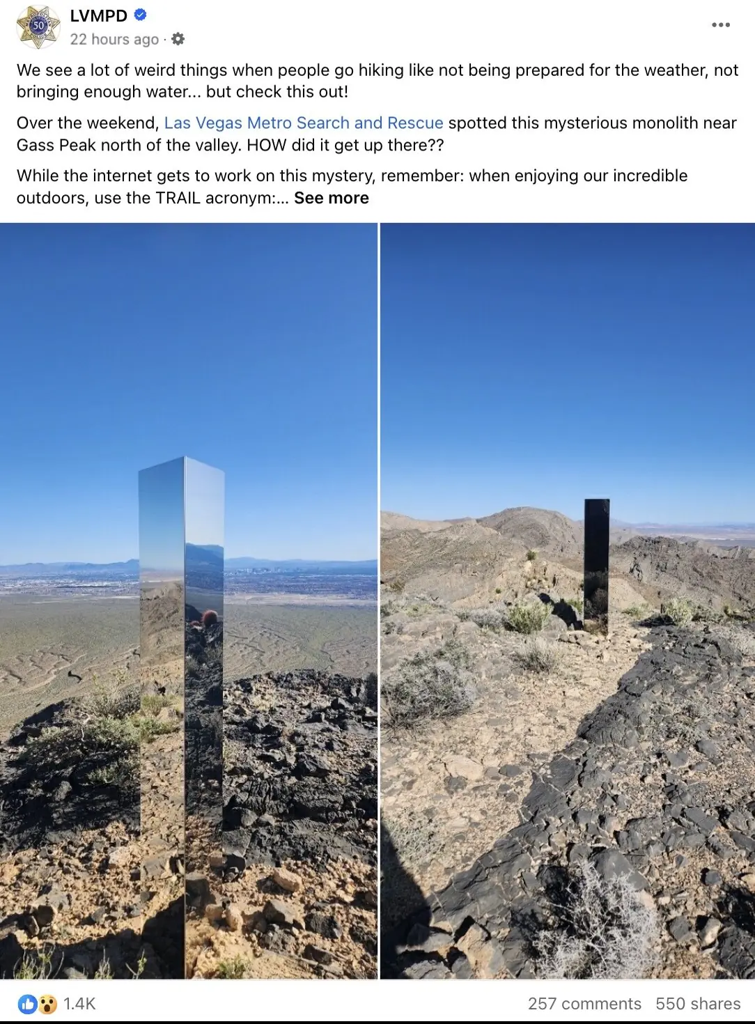 The bizarre monolith has already taken social media by storm. Credit: LVMPD/Facebook