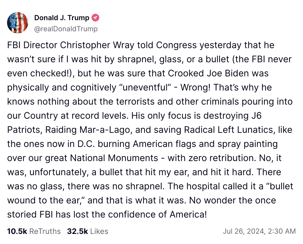 Trump's full statement on Truth Social. Credit: Truth Social