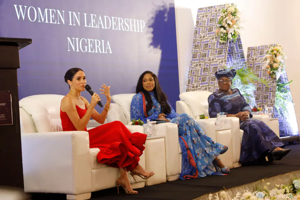 Meghan speaking at the Women In Leadership event. Credit: Andrew Esiebo/Getty