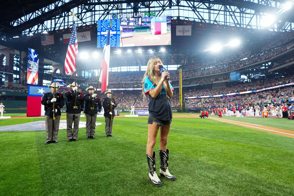 Ingrid Andress sings the national anthem prior to the 2024 T-Mobile Home Run Derby. Credit: Daniel Shirey/MLB Photos/Getty