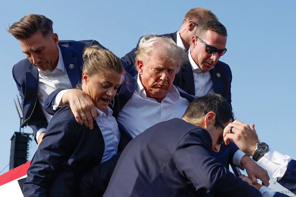 Trump was led off stage by security after an attack at one of his rallies. Credit: Anna Moneymaker / Getty