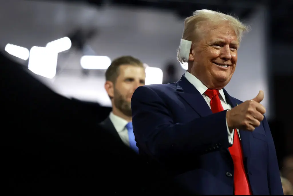 Trump has since been seen with a bandage over his ear. Credit: Joe Raedle/Getty