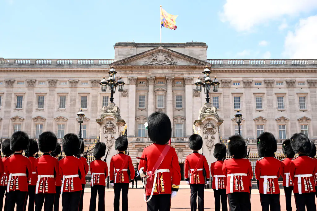 The Coldstream Guards gather at the Queen Victoria Memorial during the State Opening of Parliament earlier this month. Credit: Jeff Spicer/Getty