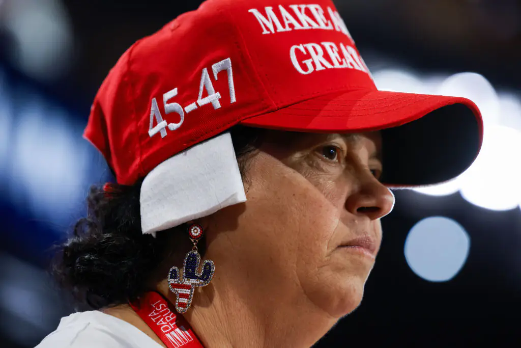 Arizona delegate Stacy Goodman wears a 'bandage' on her ear on the third day of the Republican National Convention. Credit: Joe Raedle/Getty