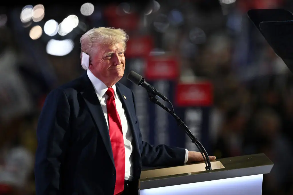 Donald Trump speaks after officially accepting the Republican presidential nomination on stage on the fourth day of the Republican National Convention. Credit:  Leon Neal/Getty