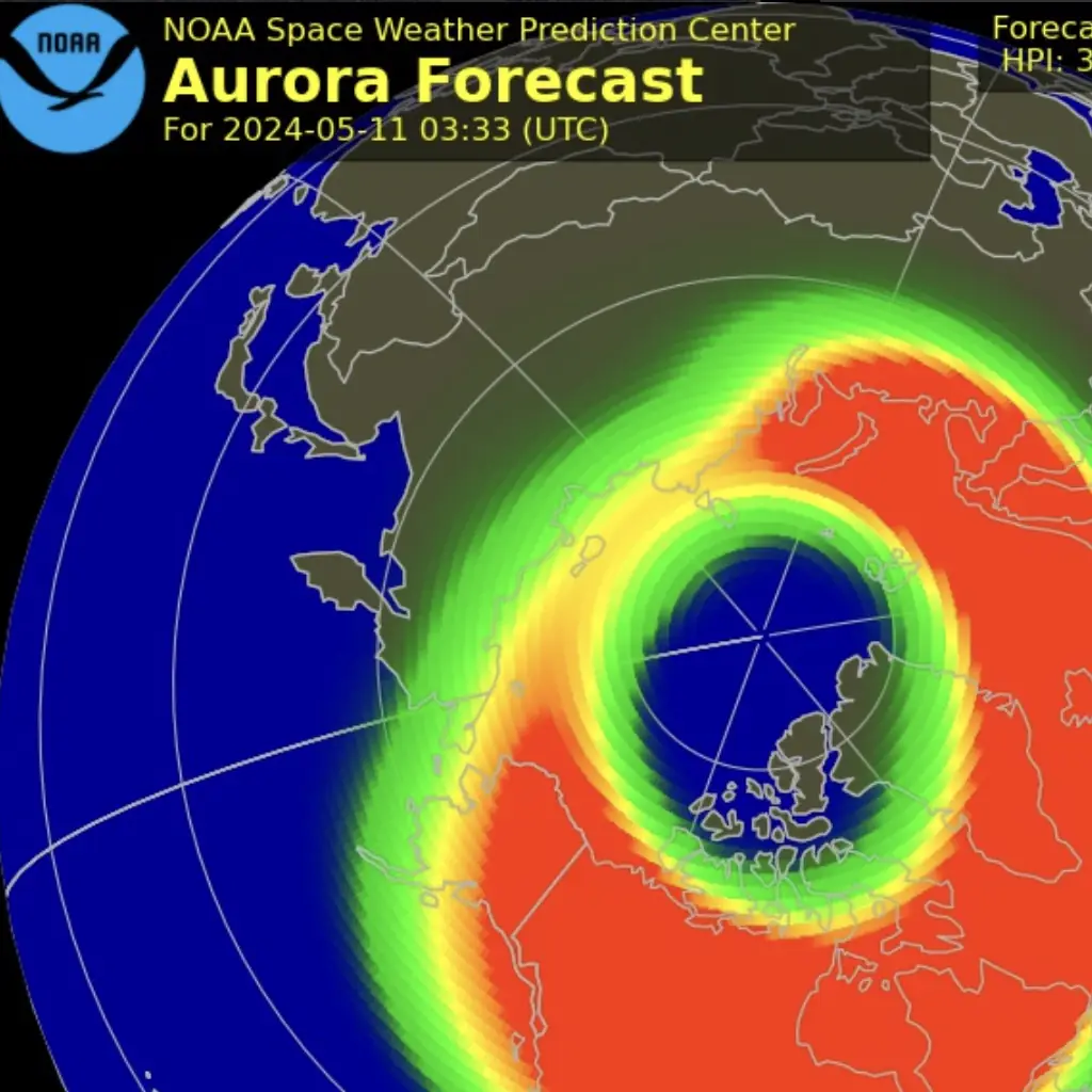 The Aurora Forecast from Saturday night's events. Credit: NOAA