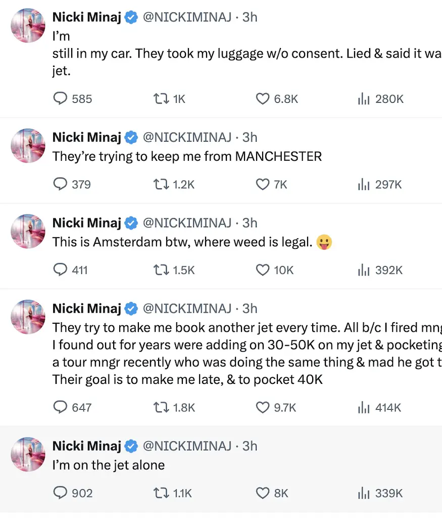 Minaj kept her followers updated. Credit: X