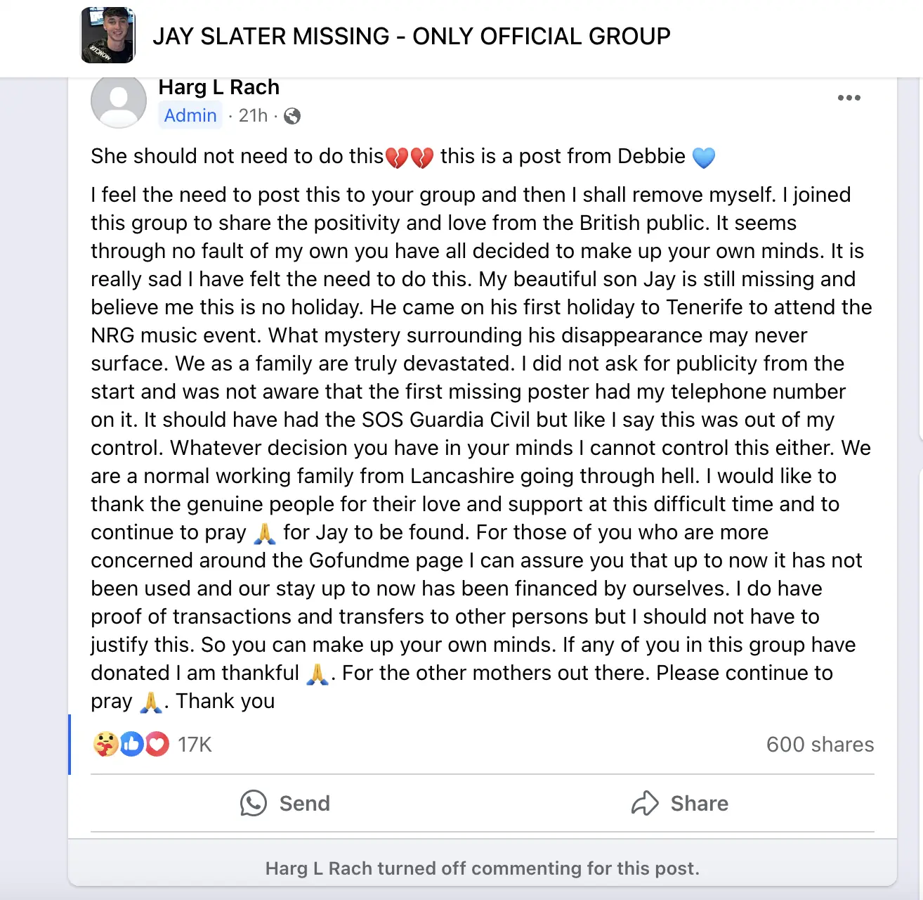 Slater's mom's statement. Credit: Facebook