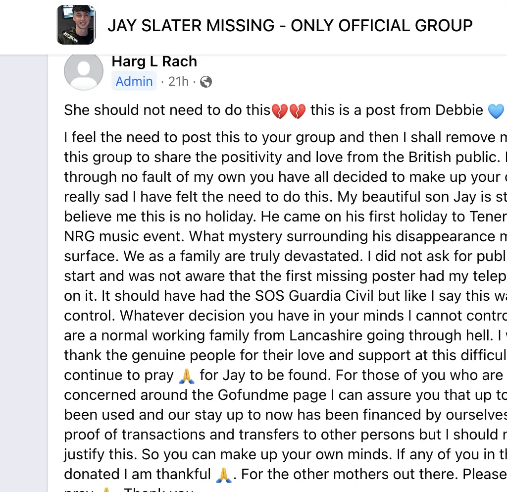 Slater's mom's statement. Credit: Facebook