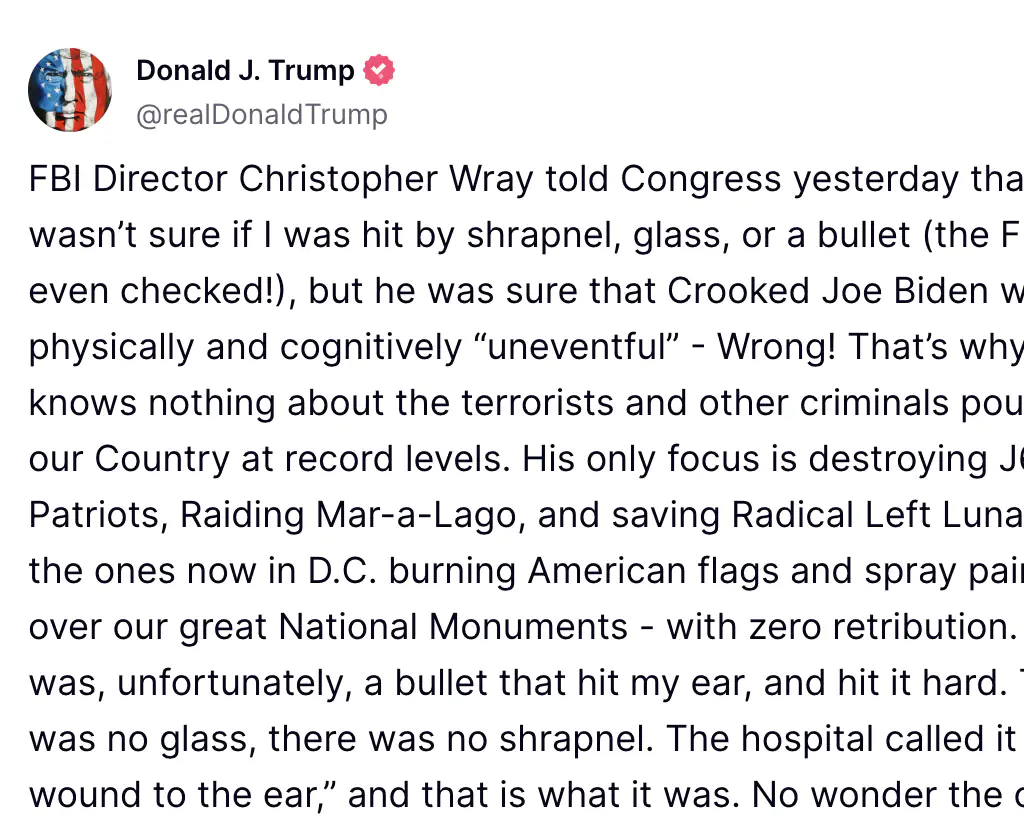 Trump's full statement on Truth Social. Credit: Truth Social