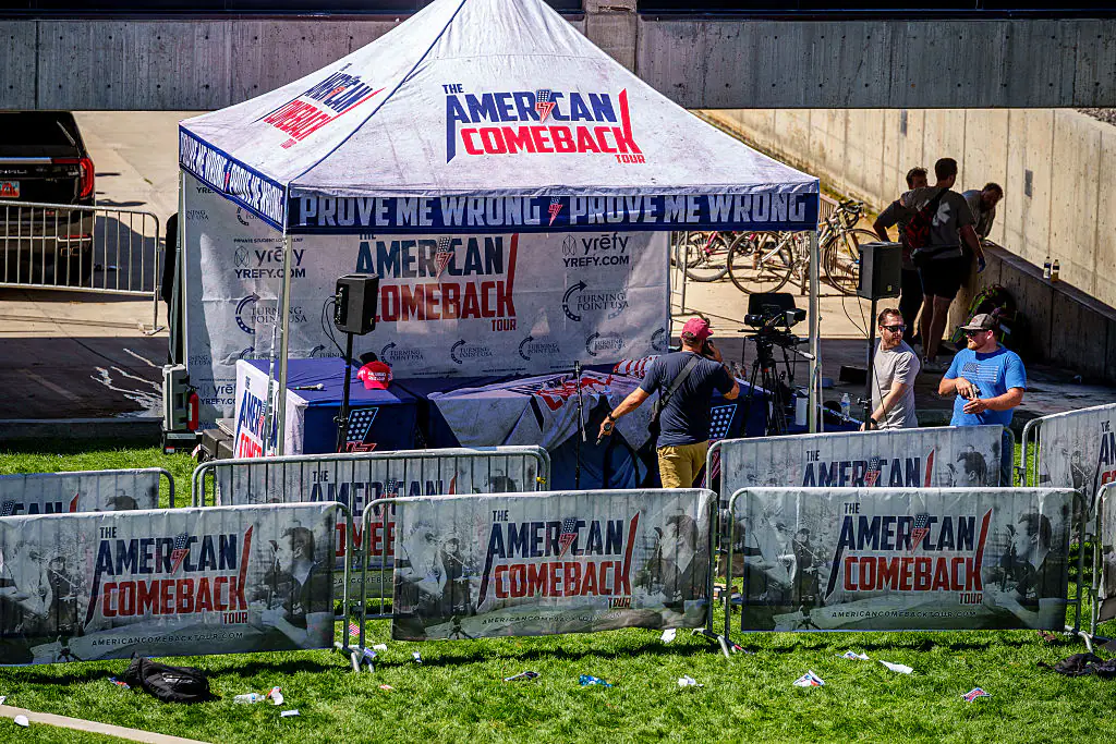Charlie Kirk was shot and killed during a Turning Point USA event. Credit: The Salt Lake Tribune / Getty 