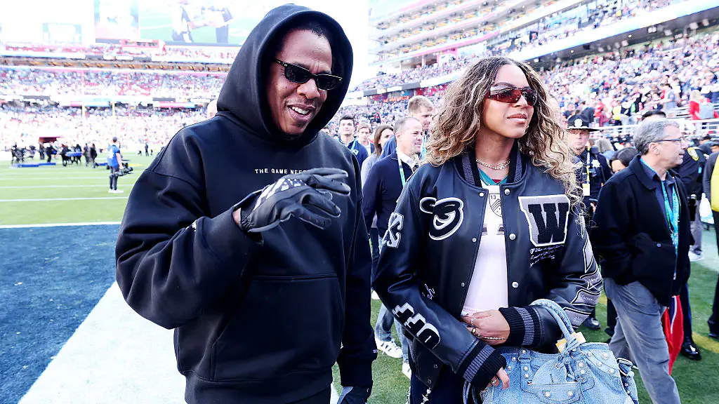 Jay Z and Beyonce spotted at Super Bowl LX. Credit: Kevin C. Cox/Getty Images