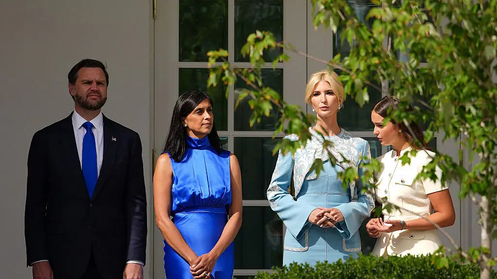  (L-R) U.S. Vice President JD Vance, second lady Usha Vance and Ivanka Trump attend a Military Review in the Rose Garden of the White House on September 24, 2026 in Washington, DC.