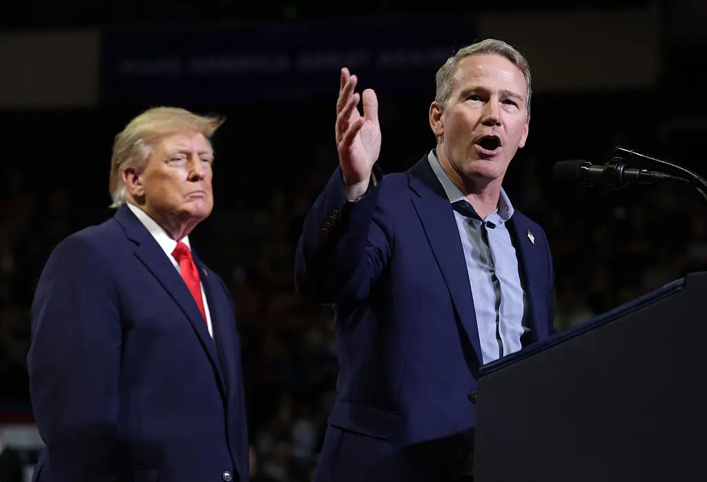 Trump praised Sen. Jon Husted (R-OH) at the Covelli Centre on October 12, 2026, in Youngstown, Ohio. Credit: Alex Wong / Getty Images