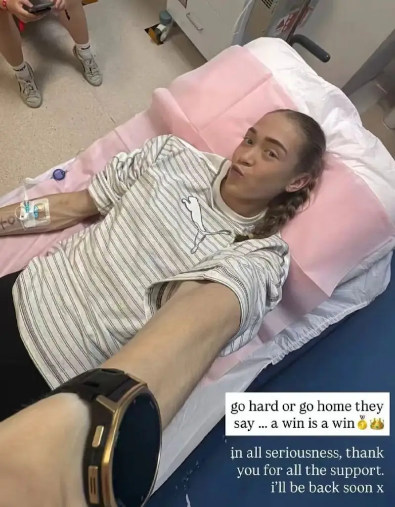 Joanna Wietrzyk posted a pic from the hospital bed after the event, saying 'a win is a win'. Credit: Joanna Wietrzyk/Instagram