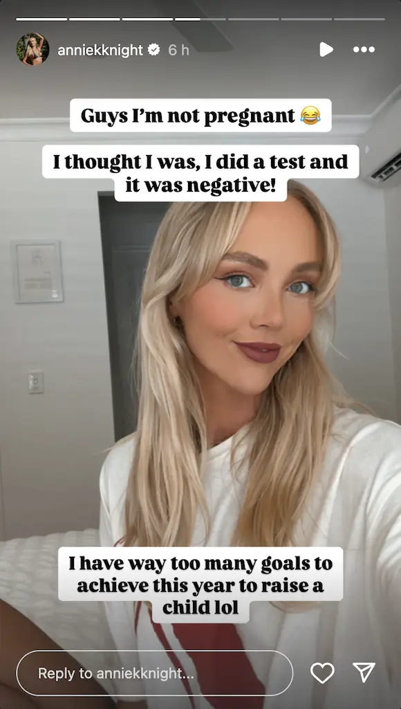 Annie Knight clarifed that she's not pregnant, following the extreme challenge, on Instagram. Credit: anniekknight / Getty