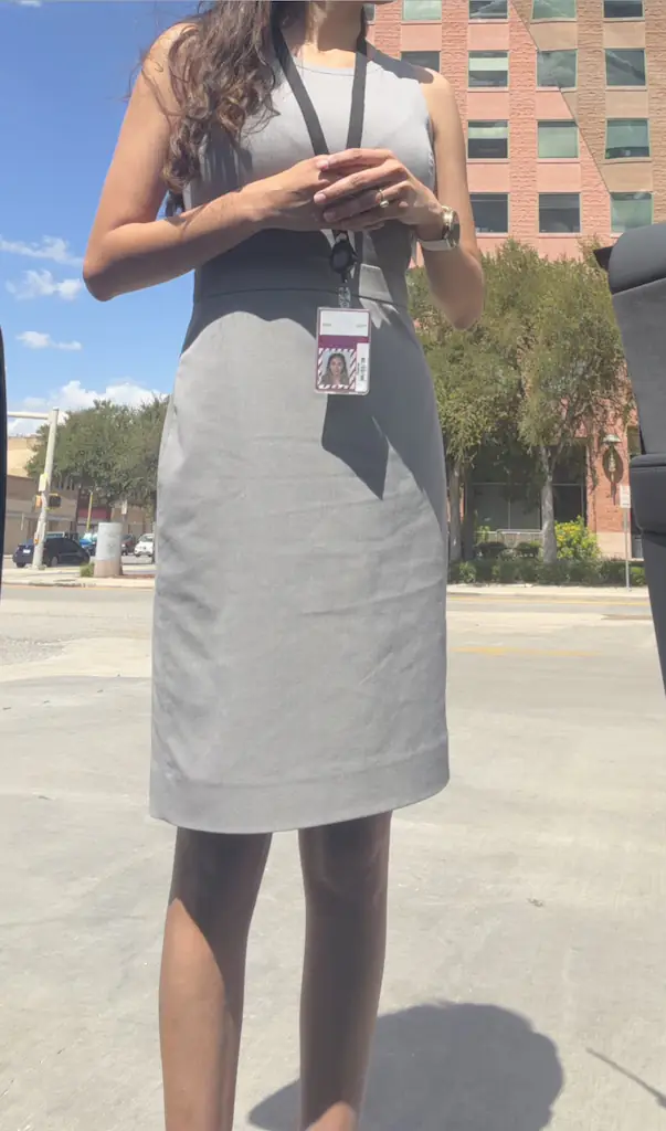 The grey shift dress is from J. Crew. Credit: X / Mariah Medina