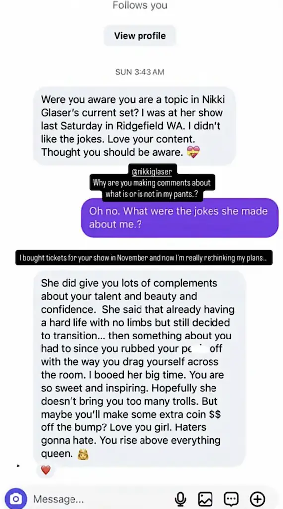 The influencer was less than impressed with the jokes. Credit: Instagram/@ no_limbs_