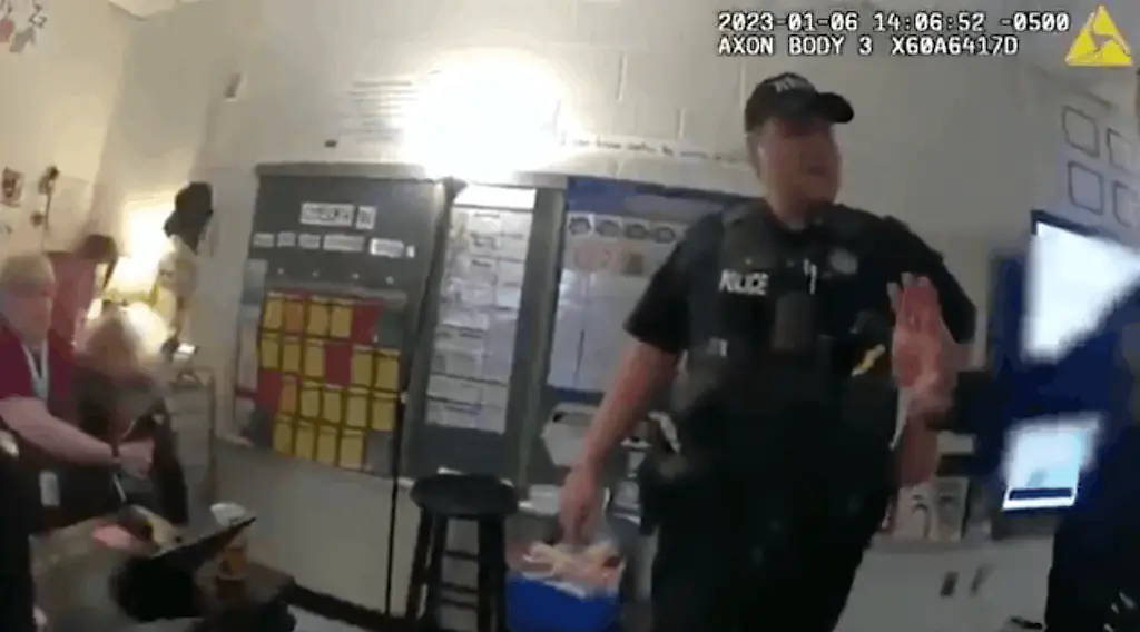 Body camera footage of moment six-year-old is arrested for shooting teacher. Credit: Newport News Police Department