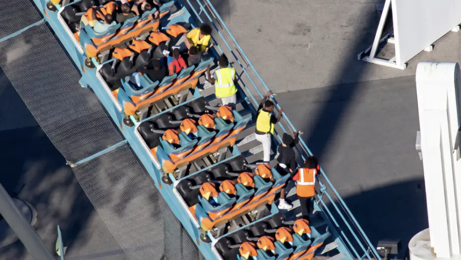 Passengers were pictured stuck on the Goliath ride at Six Flags Over Georgia. Credit: CBS Texas