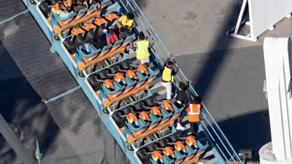 Passengers were pictured stuck on the Goliath ride at Six Flags Over Georgia. Credit: CBS Texas
