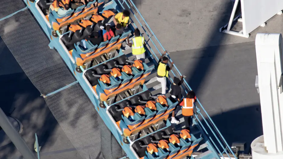 Passengers were pictured stuck on the Goliath ride at Six Flags Over Georgia. Credit: CBS Texas