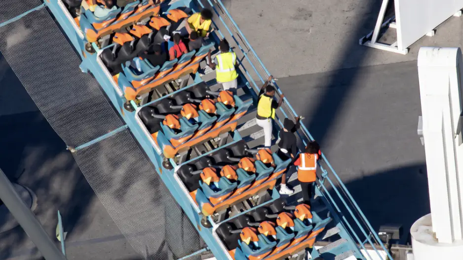 Passengers were pictured stuck on the Goliath ride at Six Flags Over Georgia. Credit: CBS Texas