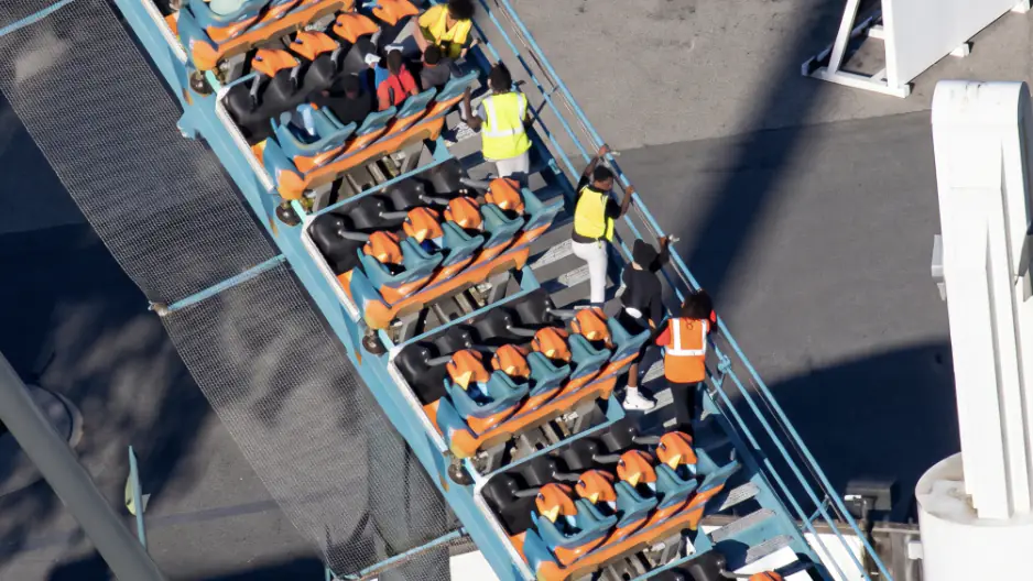 Passengers were pictured stuck on the Goliath ride at Six Flags Over Georgia. Credit: CBS Texas